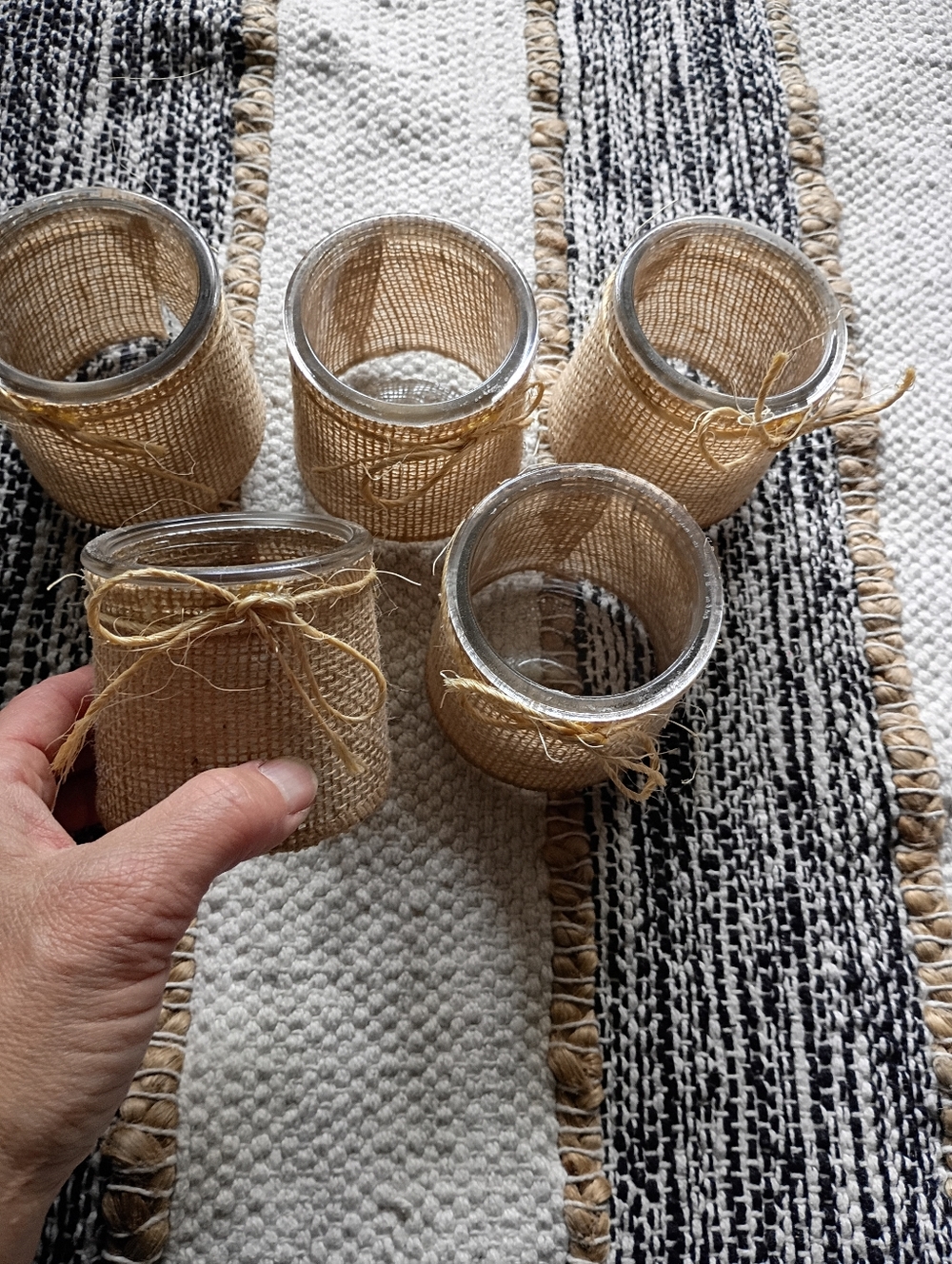 Set of Burlap-Wrapped Glass Votive Holders - Natural Set Of 5 - Picture 3 of 7